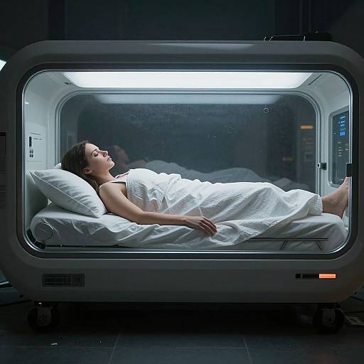 Photograph of a woman with dark hair, wearing a white nightgown, lying in a futuristic, enclosed, illuminated pod bed.