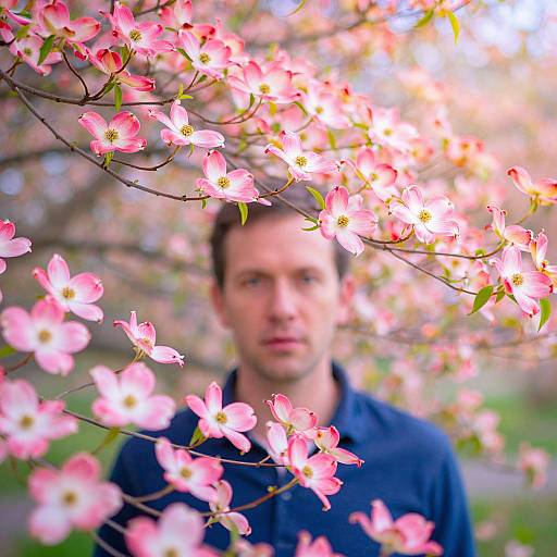 Photograph of a blurred, fair-skinned man in a dark blue shirt, standing behind a vibrant, pink cherry blossom branch.