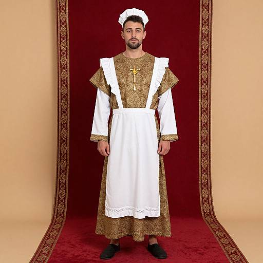 Photograph of a bearded man in traditional Middle Eastern attire, including gold embroidered tunic, white apron, and headscarf, standing on
