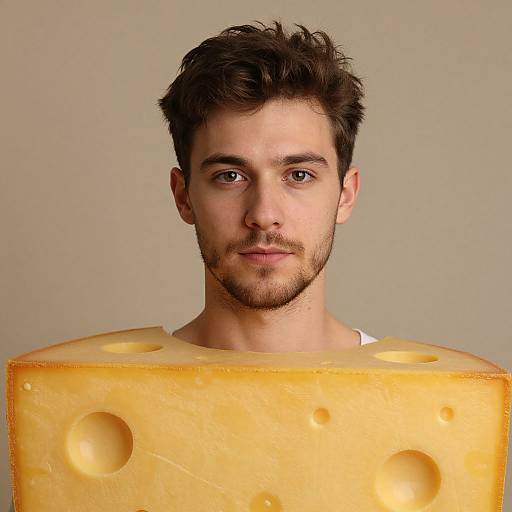 Photograph of a young man with light skin, brown hair, and beard, looking directly at the camera, with a large Swiss cheese slice in front
