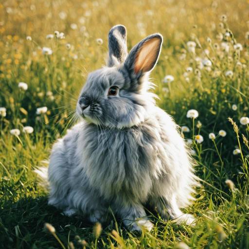 Gray Angora Rabbit in Sunny Meadow