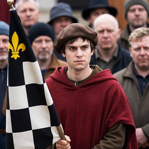 Medieval Man with Checkered Flag in Crowd