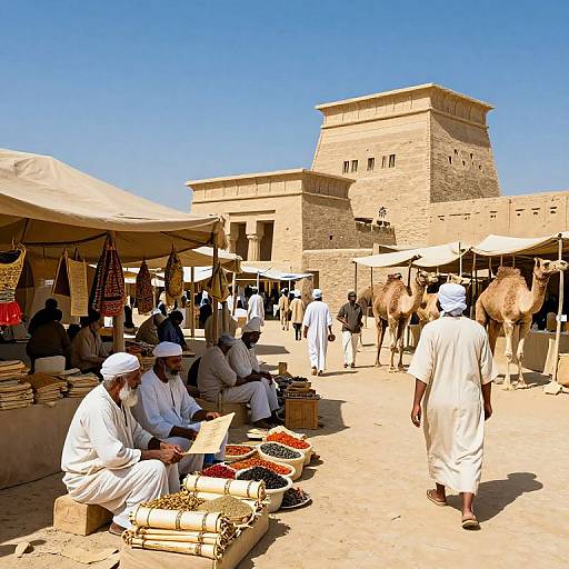Photograph of a vibrant outdoor market in an ancient Egyptian village, with vendors in white robes, camels, and a large stone temple against a clear