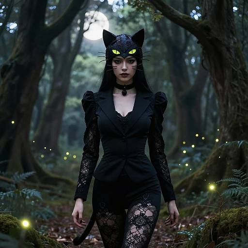 Digital artwork of a pale-skinned, black-haired woman in a black lace dress and cat ears, with glowing yellow eyes, walking through a dark,