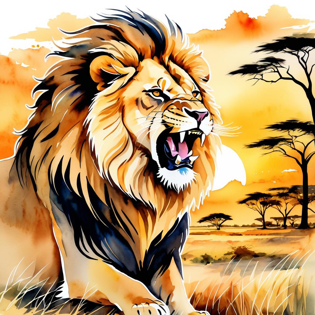 Majestic Roaring Lion in Watercolor