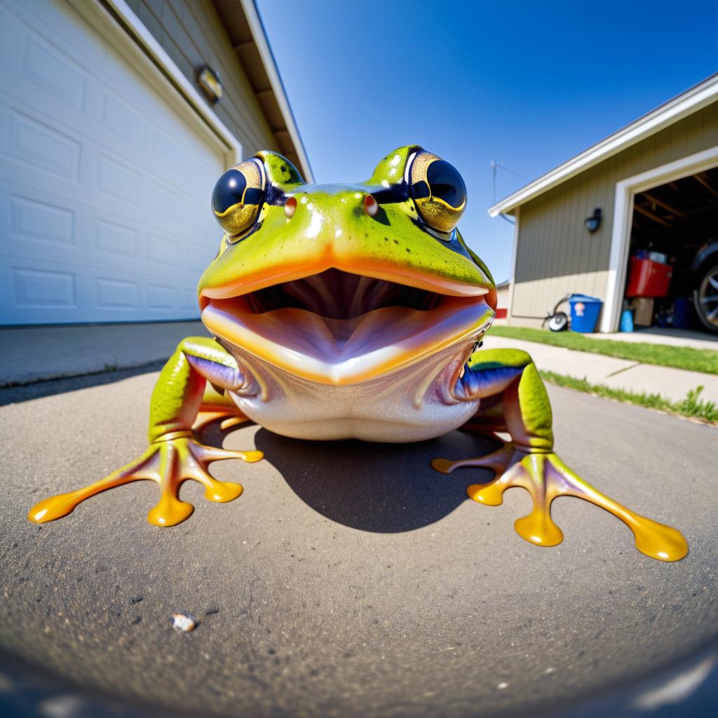 Whimsical Fisheye Frog in Garage Chaos