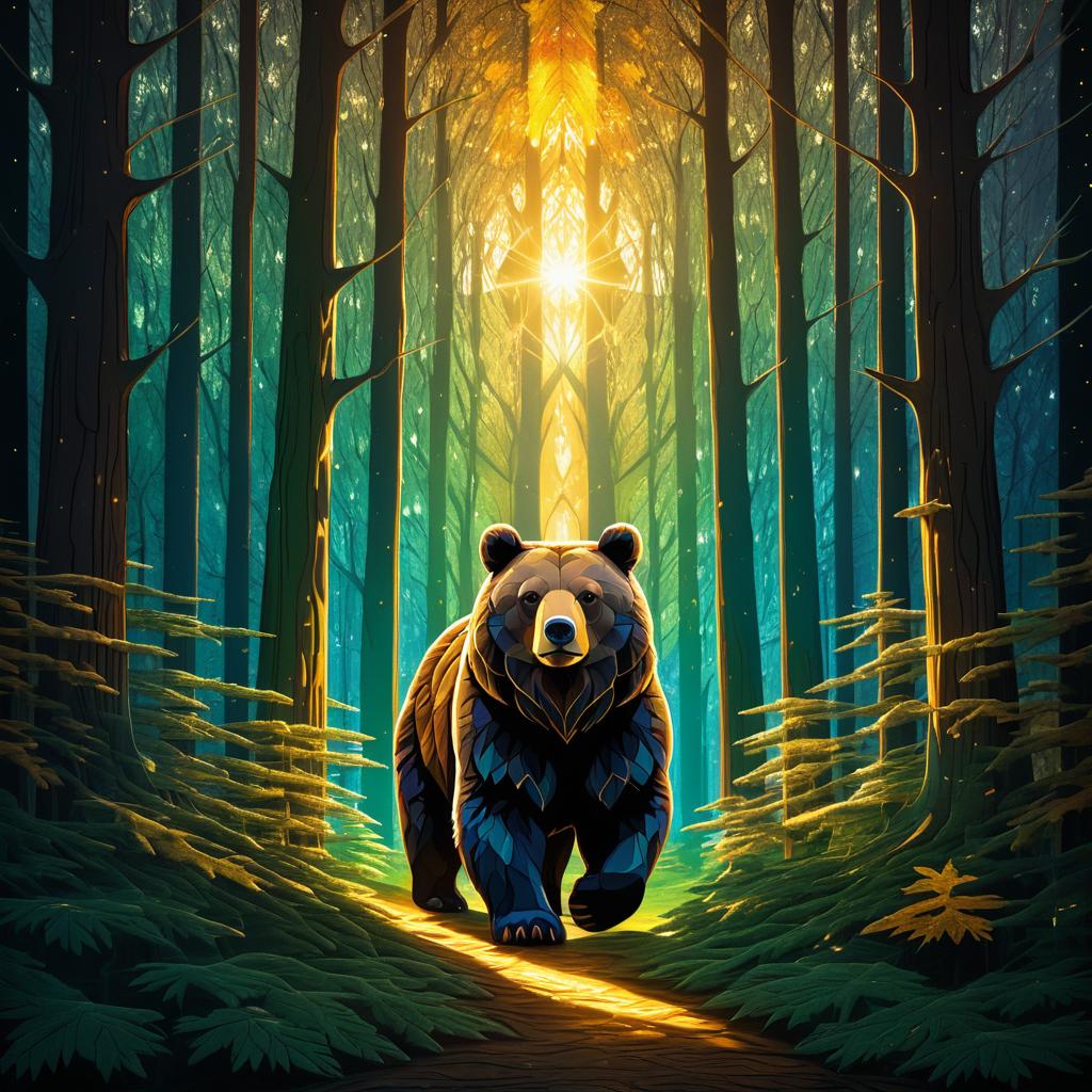 Mystical Bear in Symmetrical Forest Scene