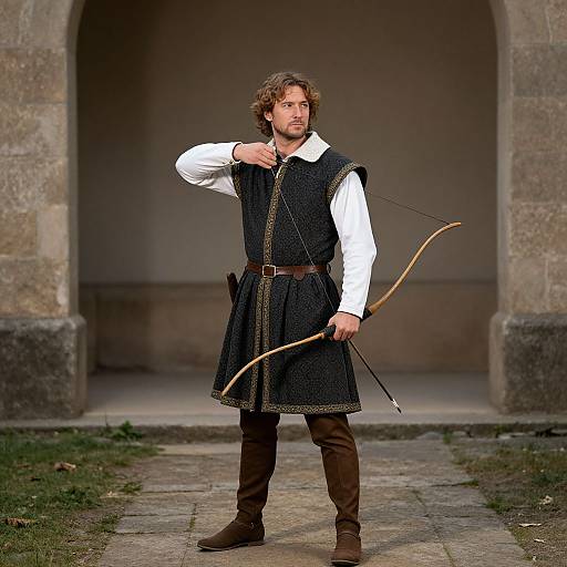 Medieval archer with curly brown hair, wearing black vest, white shirt, brown pants, and boots, draws bow in stone archway. Photograph