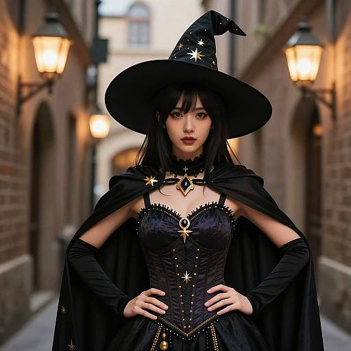 Star-Adorned Witch in Lanternlit Vintage Alley