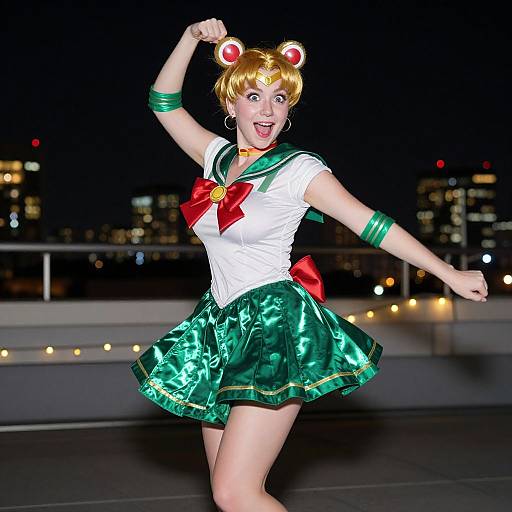 Photograph of a blonde woman in a vibrant green and white Sailor Moon cosplay, striking a dynamic pose at night on a rooftop with city lights in the