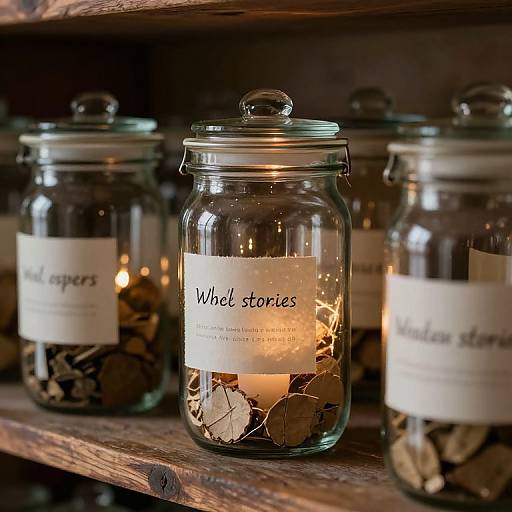 Photograph of four glass jars on wooden shelves, each containing wooden slices and a lit candle, labeled 
