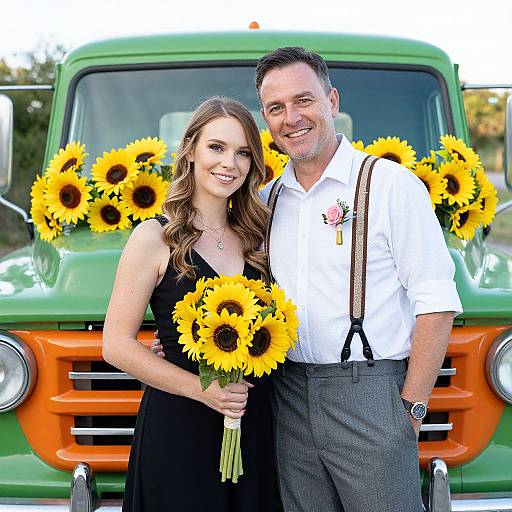 Couple with Sunflowers in Front of Vintage Truck