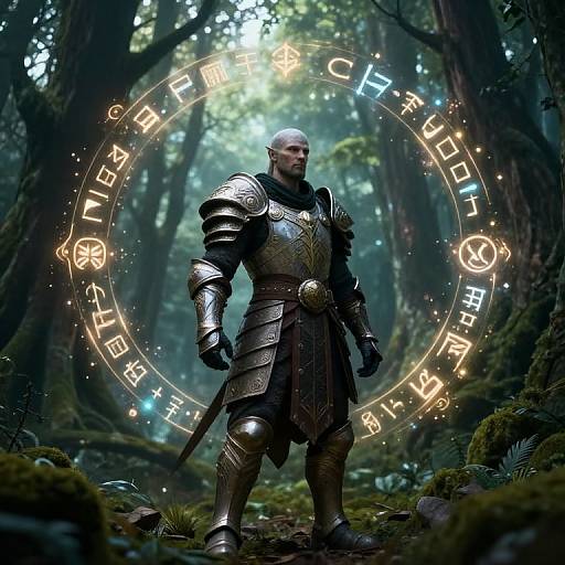 Digital art of a muscular, bald, armored warrior standing in a mystical forest, surrounded by glowing runes forming a circular halo.