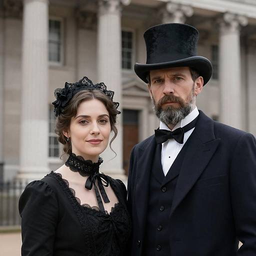 Victorian-Era Couple in Front of Neoclassical Building