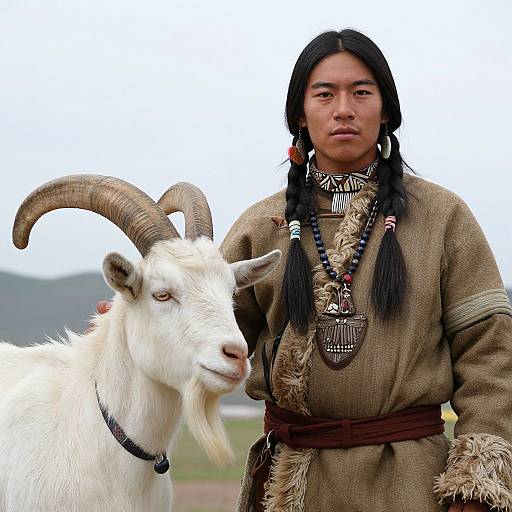 Photograph of a Native American woman with braided black hair, wearing traditional brown attire, standing beside a white goat with curved horns, outdoors.