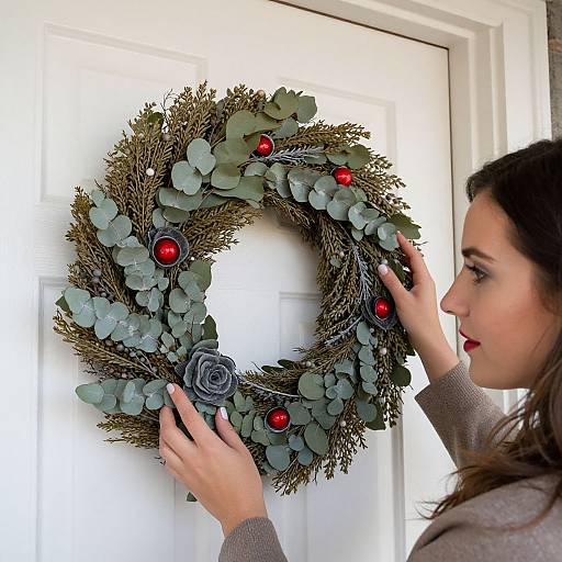Woman Hanging Festive Winter Wreath