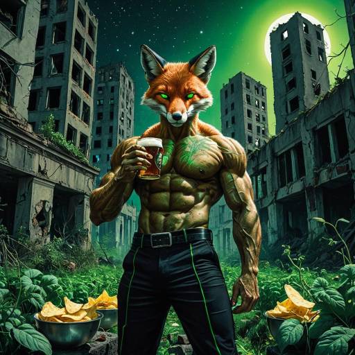 Anthropomorphic Muscular Fox in Neon City Ruins Anthropomorphic Muscular Fox in Neon City Ruins