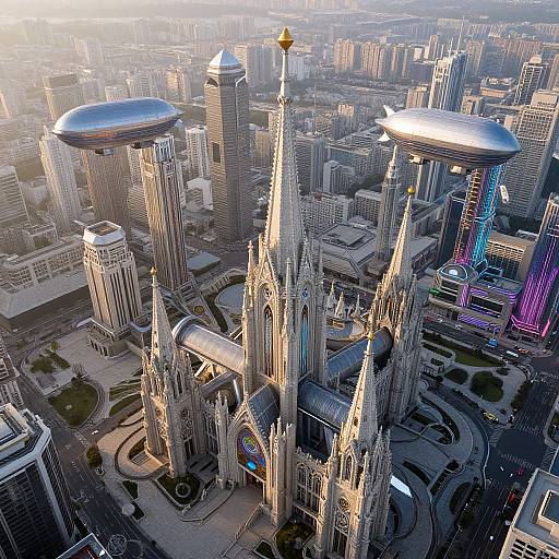 Aerial CGI of a futuristic city featuring towering, gothic-style skyscrapers with sleek, dome-topped buildings, surrounded by a dense urban landscape