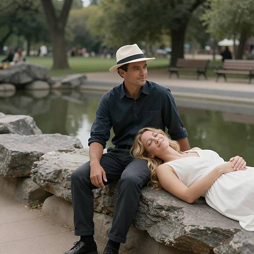 Photograph of a man in a black shirt and hat, sitting beside a sleeping woman in a white dress on a park bench by a pond. Green