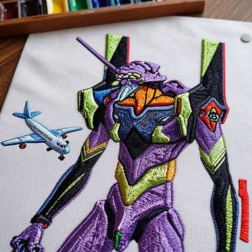 Colorful, detailed cross-stitch of a purple and green mecha robot with orange eyes, facing a blue and white airplane, on white fabric.