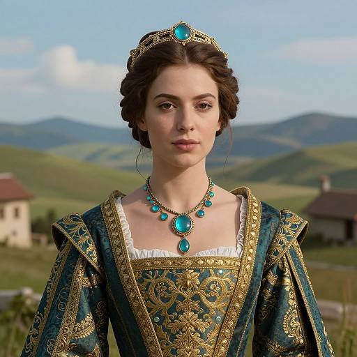 Photorealistic image of a fair-skinned woman in Renaissance-style, ornate blue and gold dress with turquoise jewelry, set against a lush, mountain