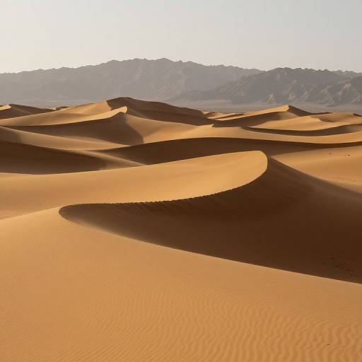 Photograph of a sunlit desert with undulating sand dunes casting shadows, set against a distant mountain range under a clear sky.