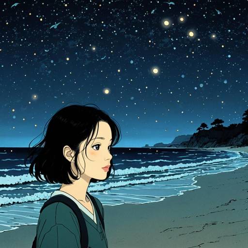 Anime Girl on Twilight Beach with Starry Sky