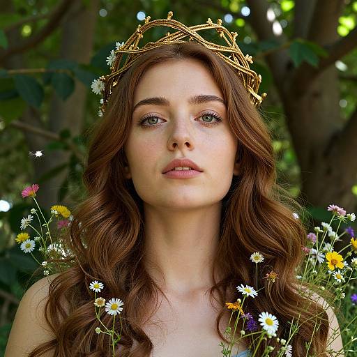 Photograph of a young woman with long, wavy brown hair, wearing a golden flower crown, surrounded by colorful wildflowers, with a forest background