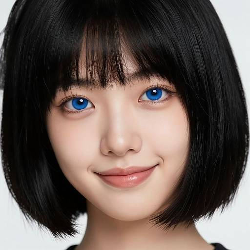 Photorealistic digital portrait of a young Asian woman with striking blue eyes, straight black bob haircut, and a subtle smile.