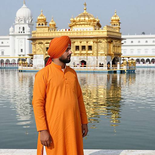 Photograph of a bearded South Asian man in an orange kurta and turban standing in front of the golden Sikh temple (Gurudw