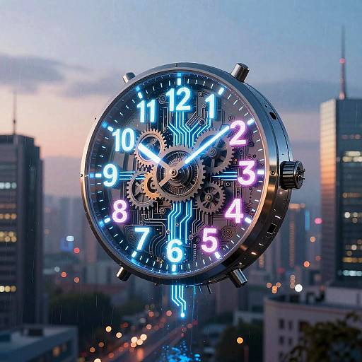 Futuristic AI Clock in Cyberpunk City