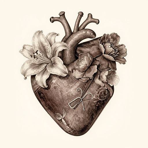 Monochromatic digital drawing of a heart adorned with detailed lilies, featuring intricate lines and textures, blending anatomical realism with floral elements.