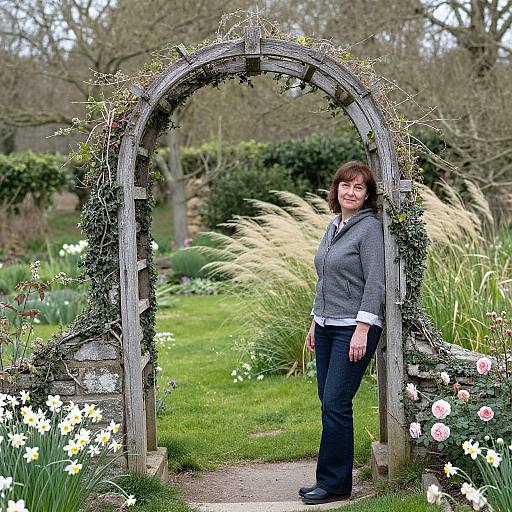 Photograph of a smiling woman with short brown hair, wearing a gray jacket and blue jeans, standing under a wooden garden arch adorned with vines, surrounded