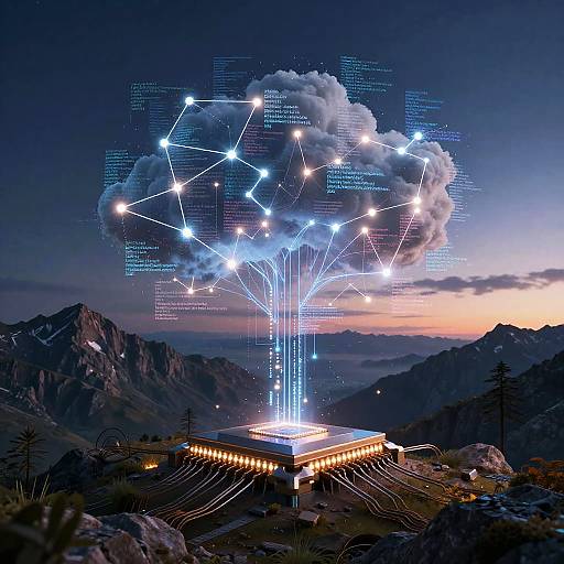 Digital artwork of a futuristic mountain lodge with glowing blue lines forming a cloud-like tree, set against a twilight mountain landscape.