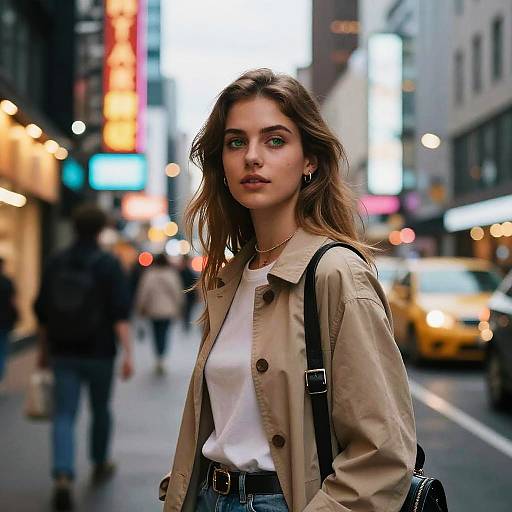 Photograph of a young woman with green eyes, wearing a beige jacket, white top, and blue jeans, standing in a bustling city street at night