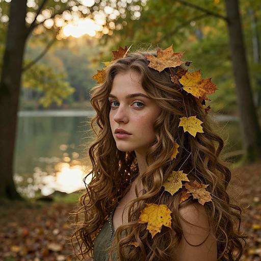 Photograph of a young woman with long, wavy brown hair adorned with autumn leaves, standing by a sunlit forest lake.