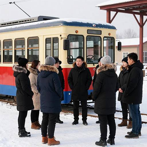 Winter Gathering Around a Colorful Streetcar