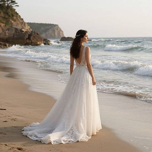 Bride in Flowing Wedding Dress on Beach