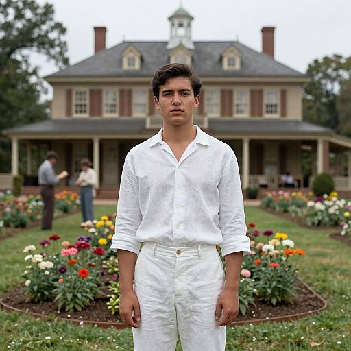 Photograph of a young man with dark hair, wearing a white shirt and pants, standing in front of a large, elegant mansion with a flower garden