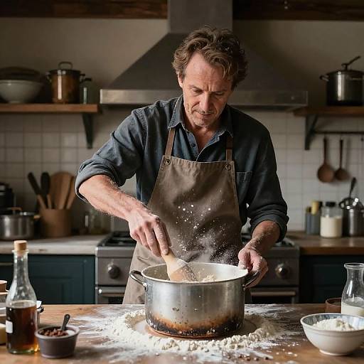 Photograph of middle-aged man with wavy brown hair, wearing a dark blue shirt and brown apron, stirring a pot of cooking rice in a