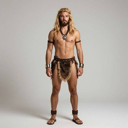 Photograph of a muscular, bearded man with long blonde hair, wearing a primitive tribal outfit: brown loincloth, arm bands, necklace,