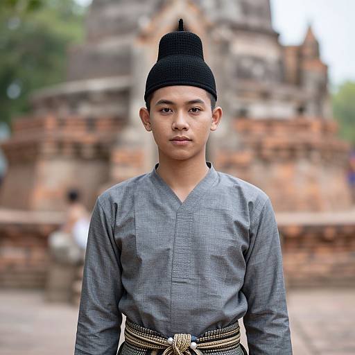 Photograph of young Southeast Asian man with medium skin tone, black headwrap, gray long-sleeve shirt, patterned sash, standing in