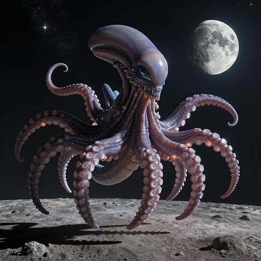 Alien Creature Floating Over Lunar Landscape