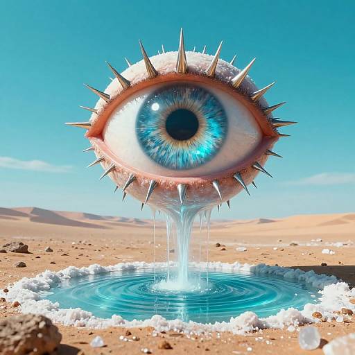 Photorealistic CGI of a giant, blue-eyed, spiked eye floating above a desert oasis, with water ripples below and a clear blue sky.