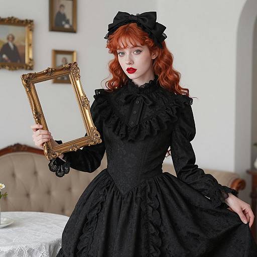 Redheaded Woman in Victorian Dress Holding Gold Frame