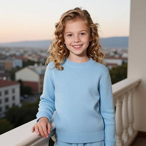 Photograph of a smiling young girl with curly blonde hair, wearing a light blue sweater, standing on a balcony at sunset.