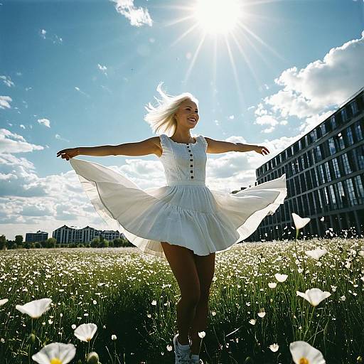 Photograph of a blonde woman in a white, sleeveless, buttoned dress, joyfully twirling in a sunlit field of white flowers,