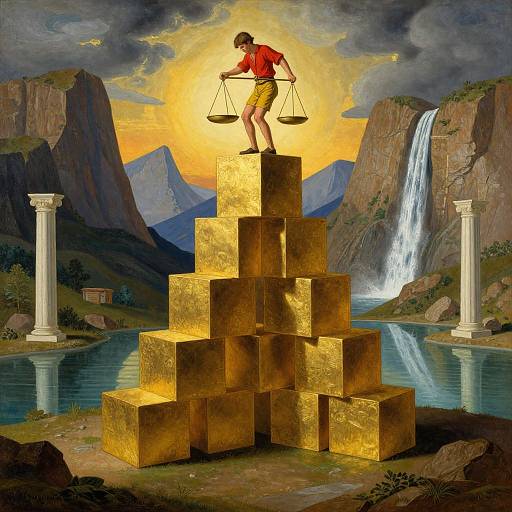 Digital painting of a man in red shirt and yellow shorts balancing scales on a golden pyramid stack, between two columns, with a waterfall and mountains in the