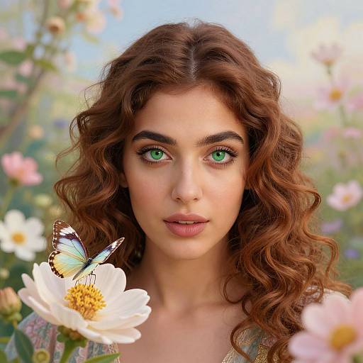 Photorealistic image of a young woman with green eyes, curly brown hair, and fair skin, surrounded by flowers, with a butterfly on a white