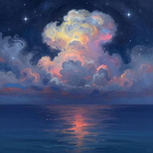 Digital painting of a vibrant, colorful cloud formation over a dark blue ocean at night, reflecting starlight and a glowing core.